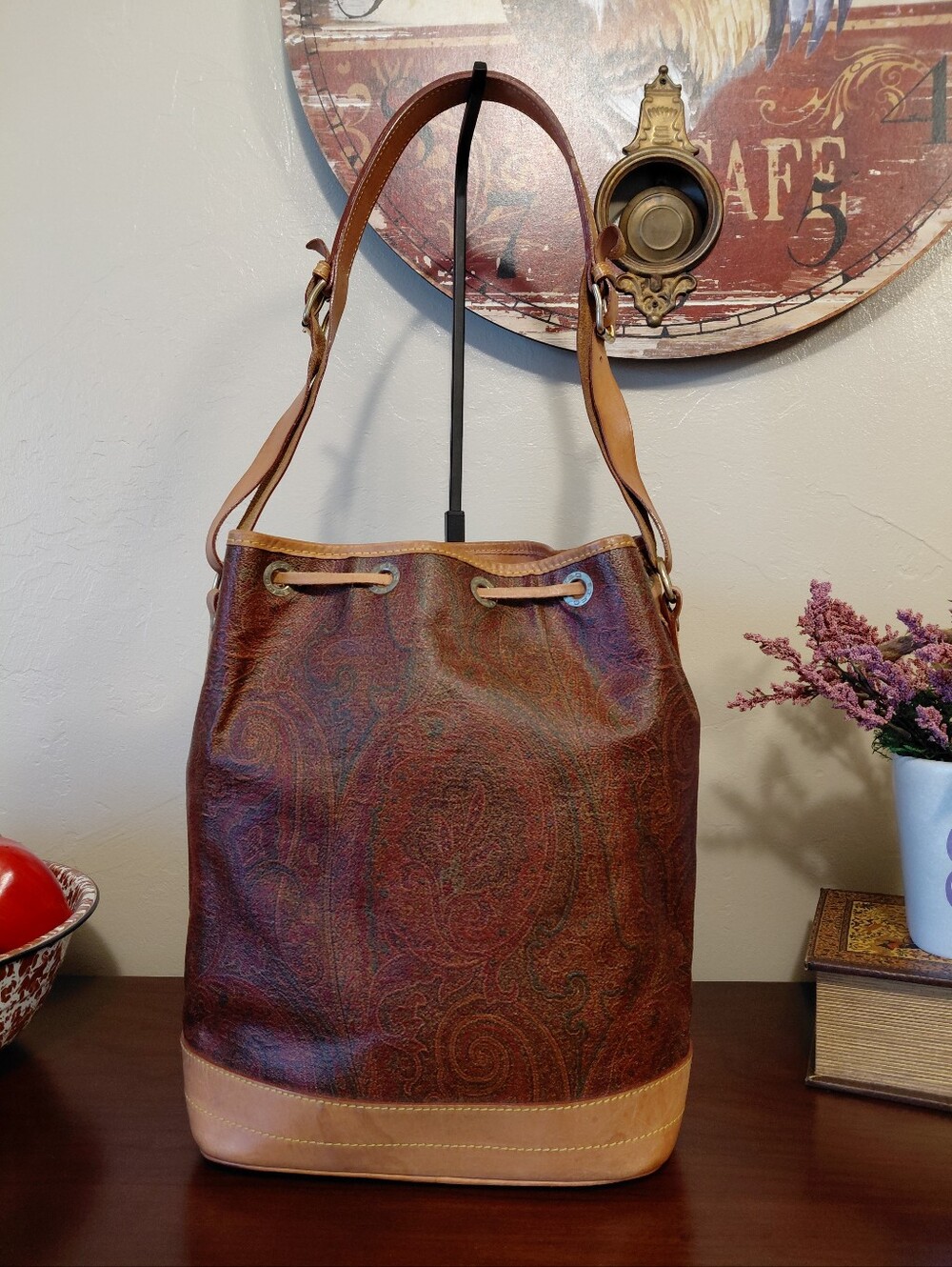 Etro Milano Red Paisley Drawstring Bucket Bag Vintage - Picture 15 of 16